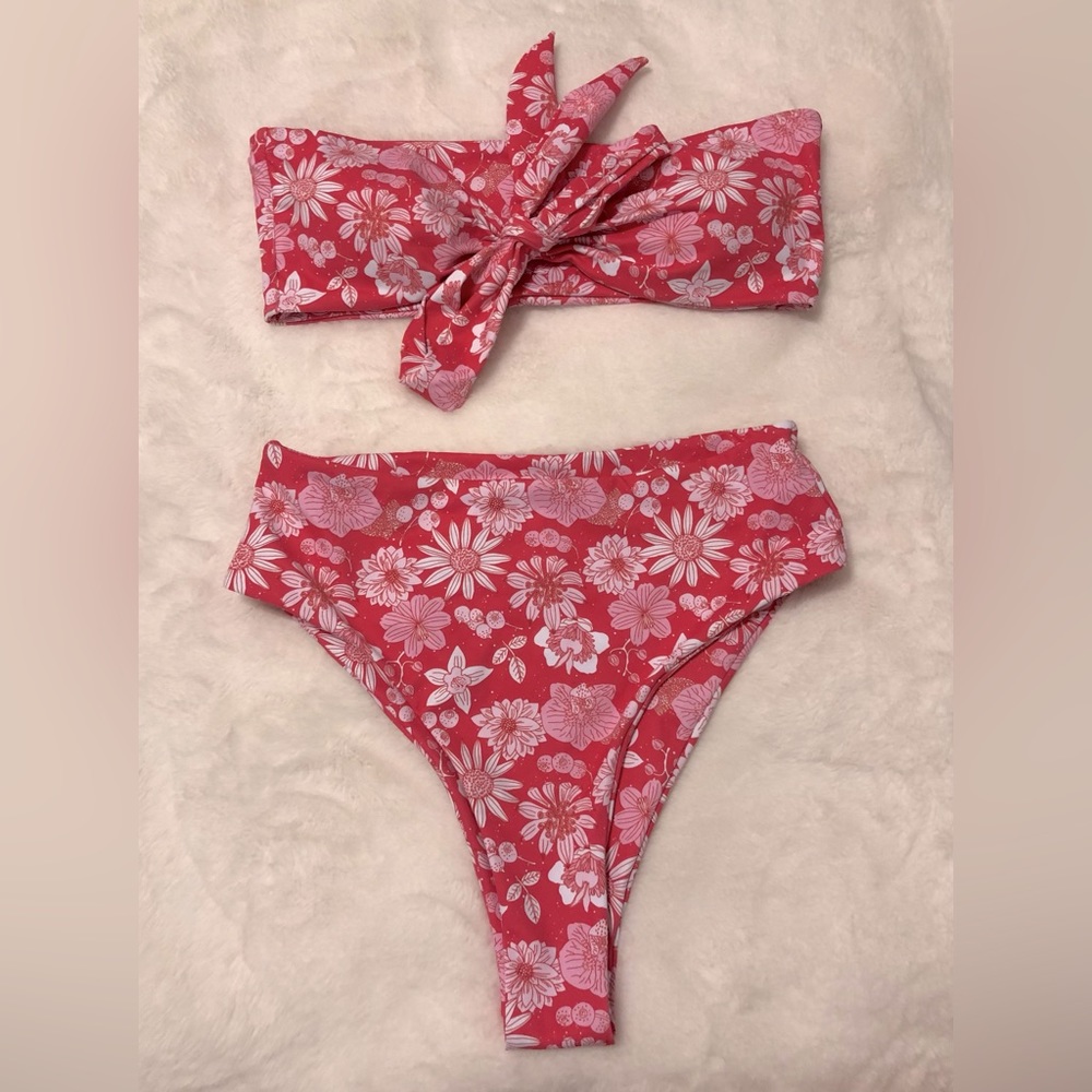 Pink and White Flower Strapless High Waist Women’s Bikini